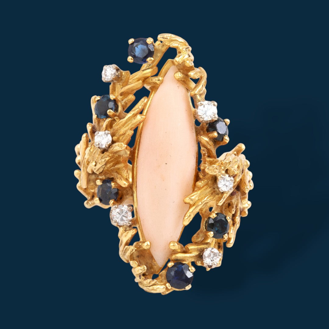 Bague Ancienne En Or Et Corail - Bijou Vintage D'occasion, Pièce Unique