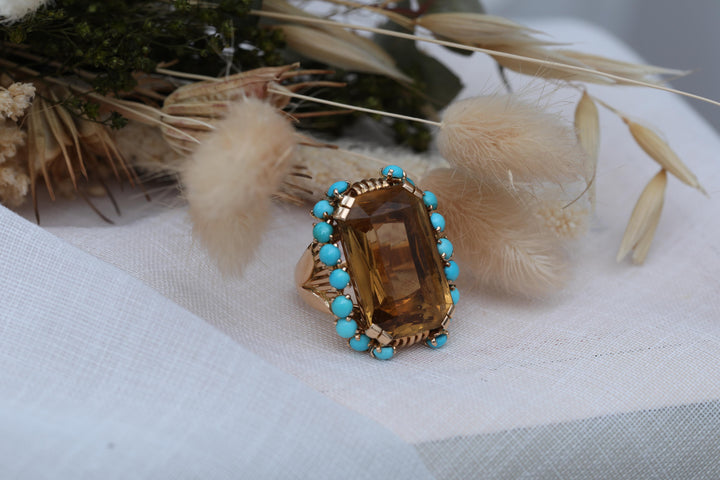 Bague vintage années 40 or jaune, citrine et turquoises "Brûlante Passion"