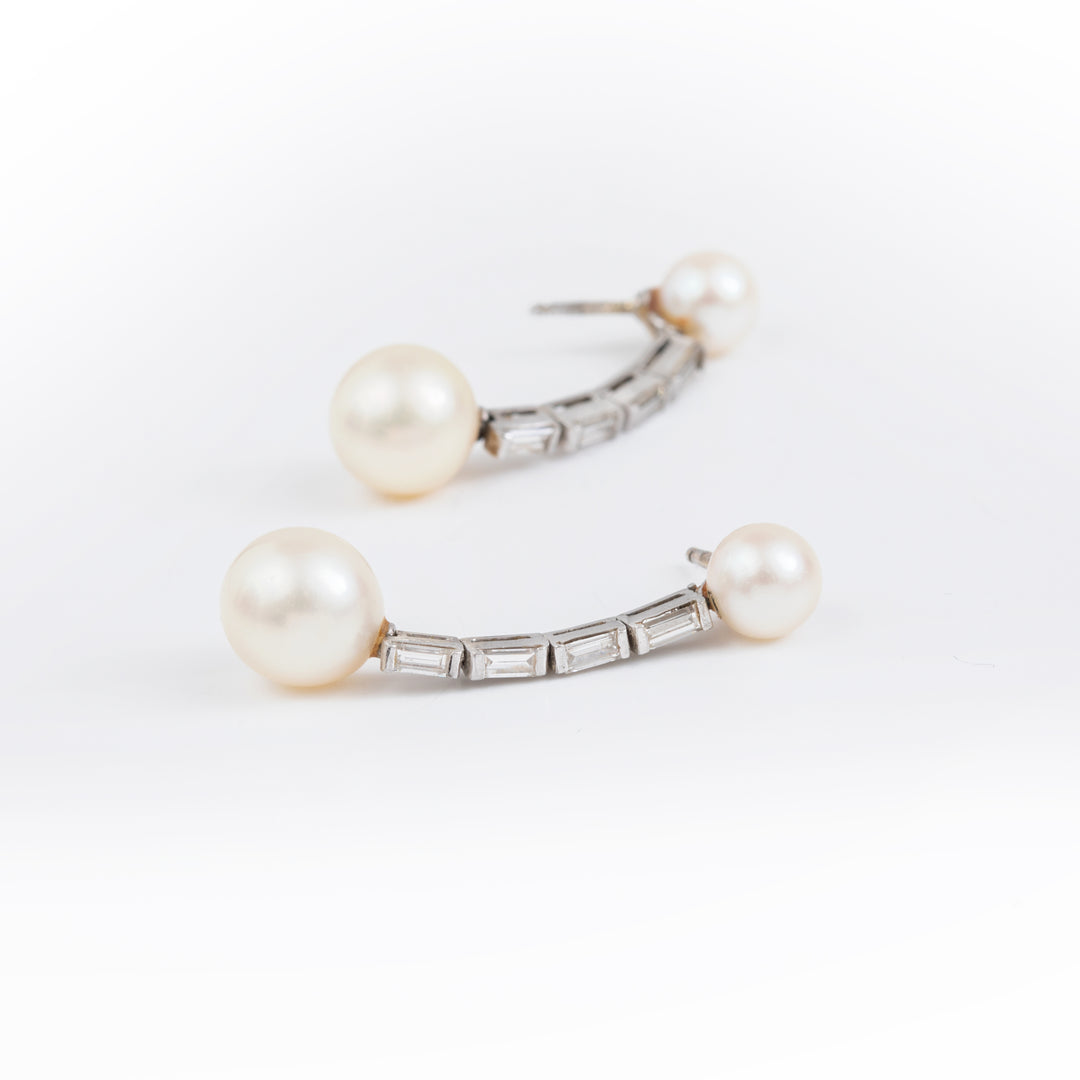 Boucles d'oreilles vintage or gris, perles Akoya et diamants Savaje Paris