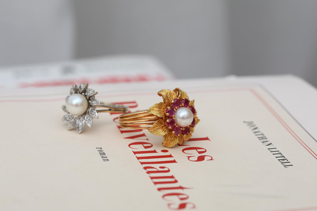 Bague vintage or jaune, perle et rubis "True Romance"