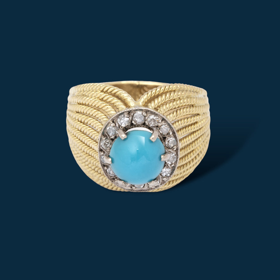 Bague vintage or jaune, turquoise et diamants Ete Indien