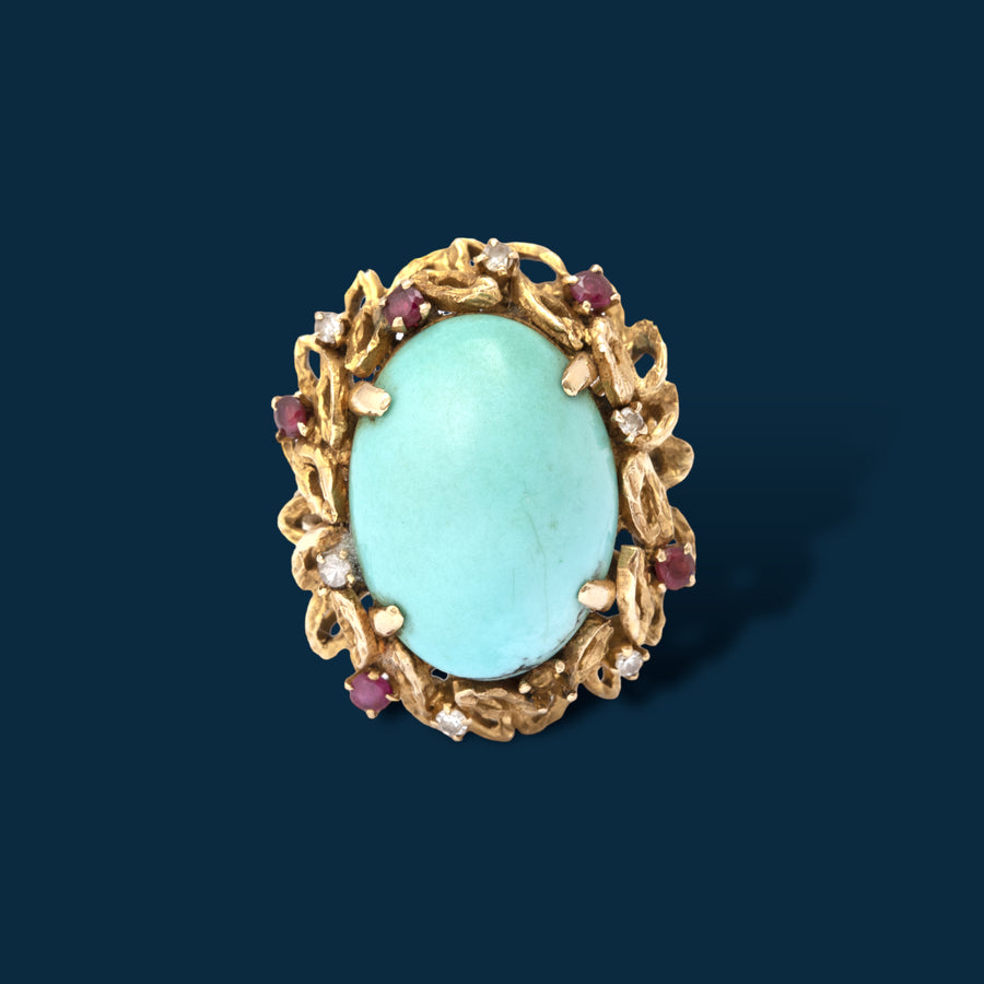 Bague vintage or jaune, turquoise et rubis Infinite Summer