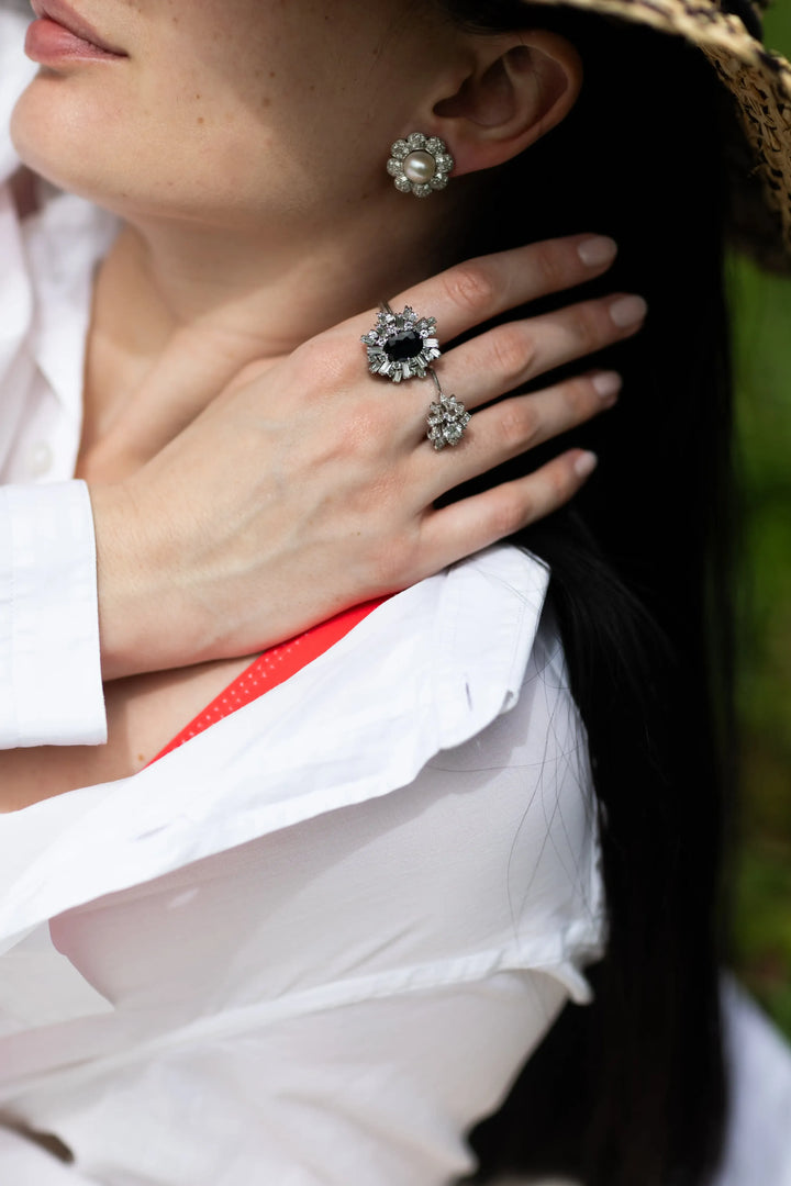 Bague cocktail or gris, spahir et diamants Stardust