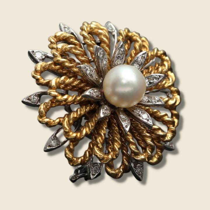 Broche vintage or jaune et gris, diamants et perle "Pétales Subtiles"