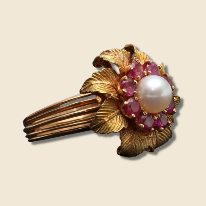 Bague vintage or jaune, perle et rubis "True Romance"