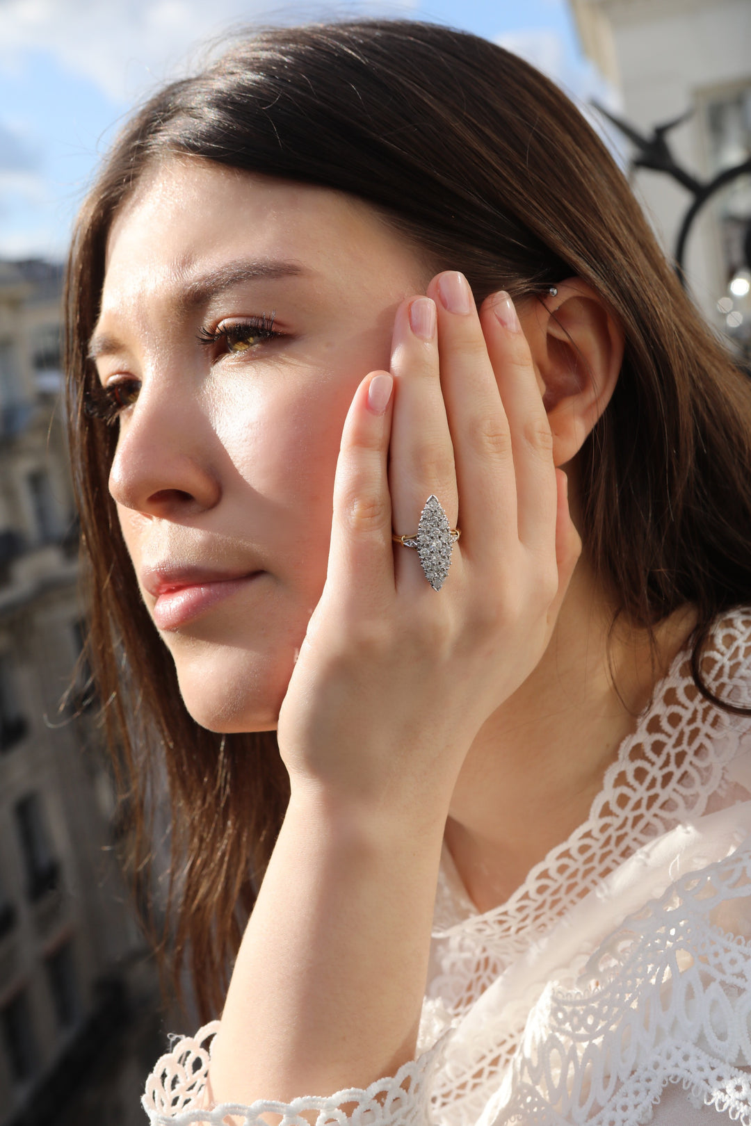 Bague vintage marquise or jaune, or blanc et diamants "Pique mon Coeur"