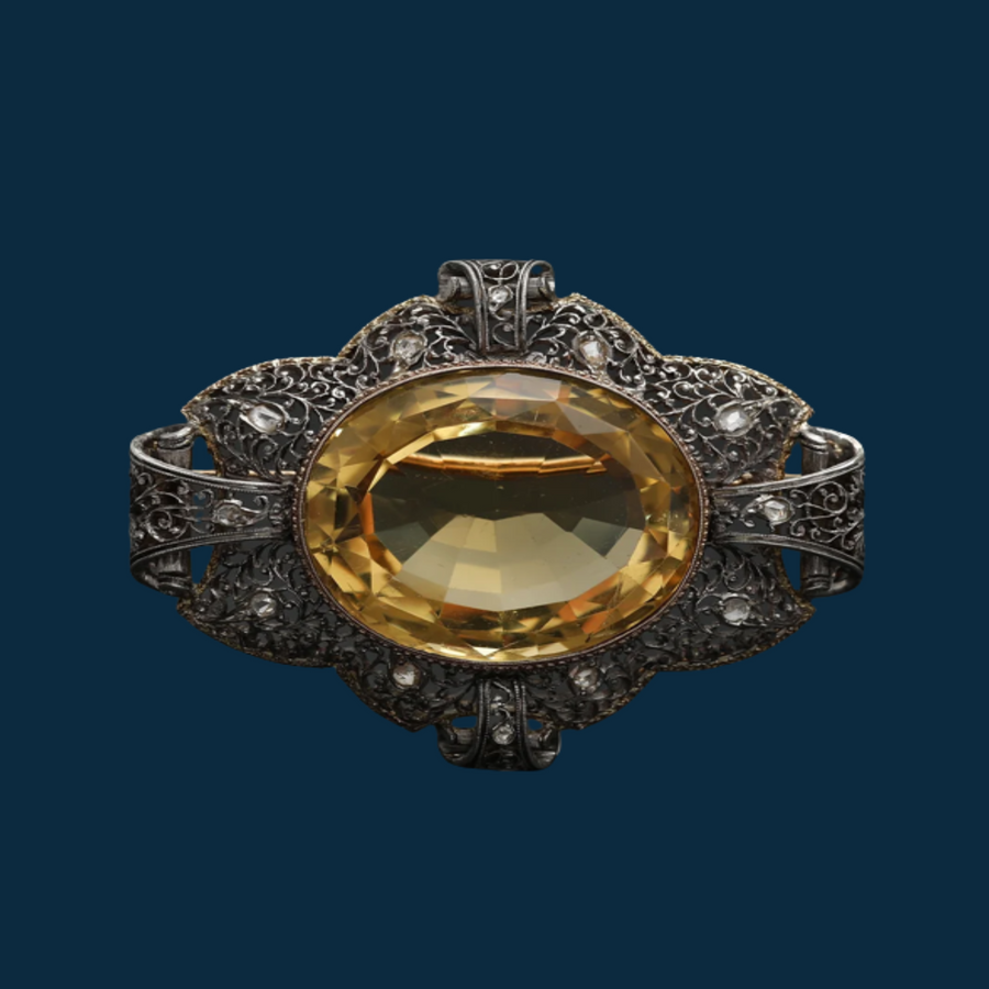 Broche vintage or gris, argent et citrine "Flamboyance"