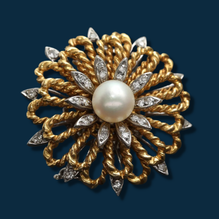 Broche vintage or jaune et gris, diamants et perle "Pétales Subtiles"