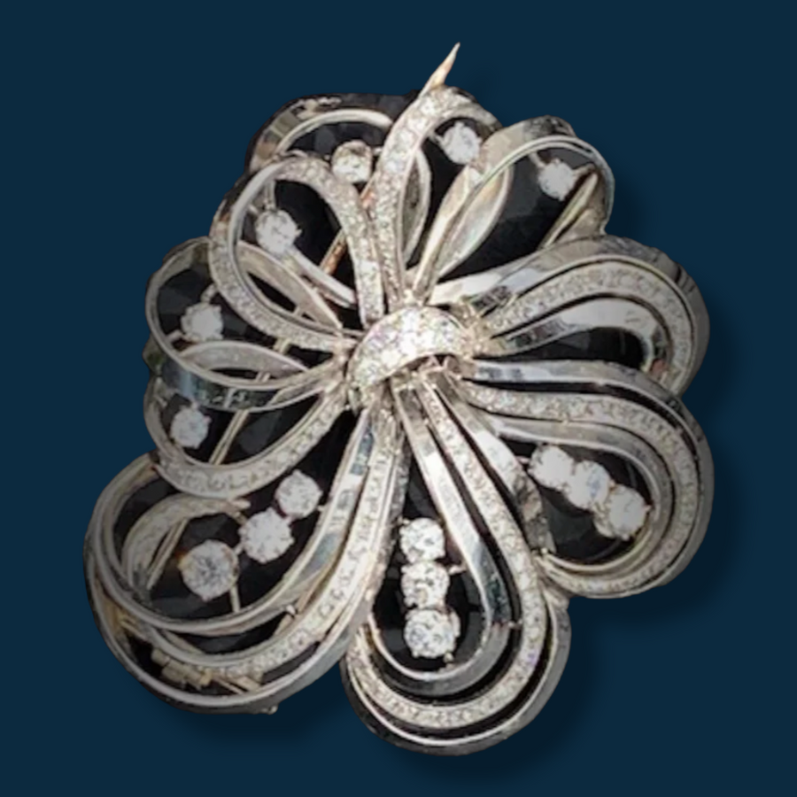 Broche clip vintage pendentif platine or gris et diamants "Bouquet de Diamants"