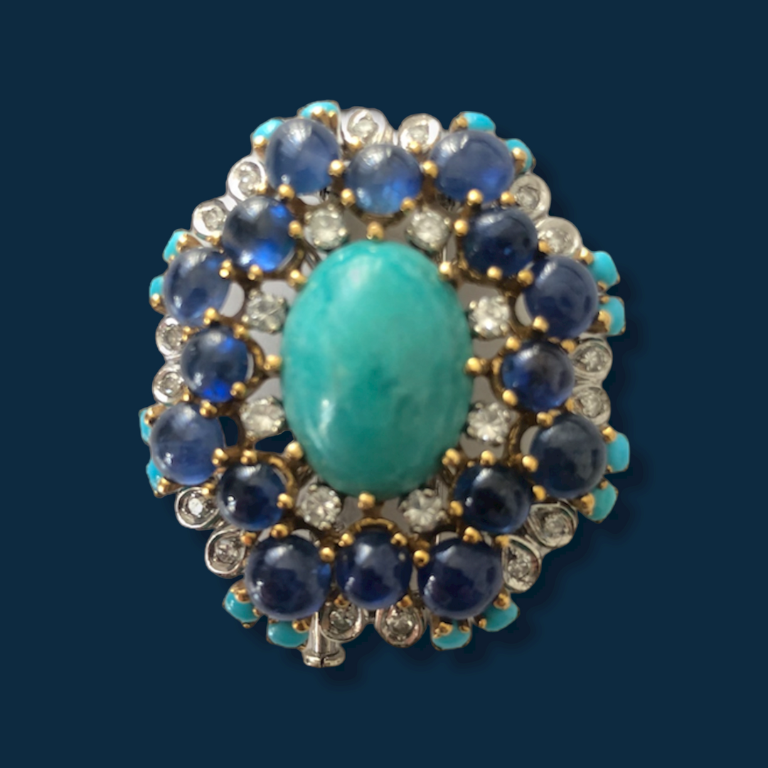 Broche vintage or jaune, gris, saphirs, diamants et turquoises "Farandole"