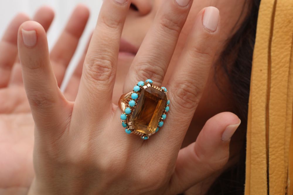 Bague vintage années 40 or jaune, citrine et turquoises "Brûlante Passion"