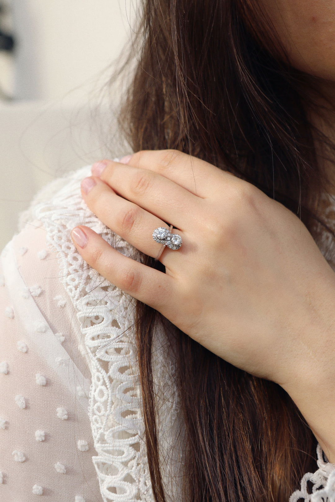 Bague vintage Toi & Moi platine, or jaune et diamants "Infinité"