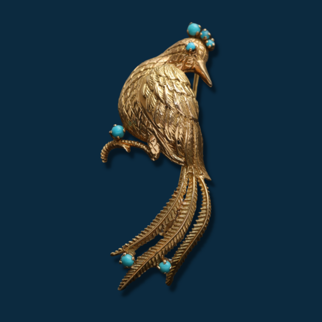 Broche vintage oiseau or jaune et turquoises "Précieux Colibris"