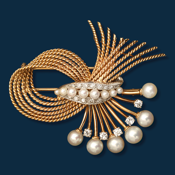 Broche Ancienne Plaqué Or 18k Style Art Déco - Couronne Et Perle - Vintage