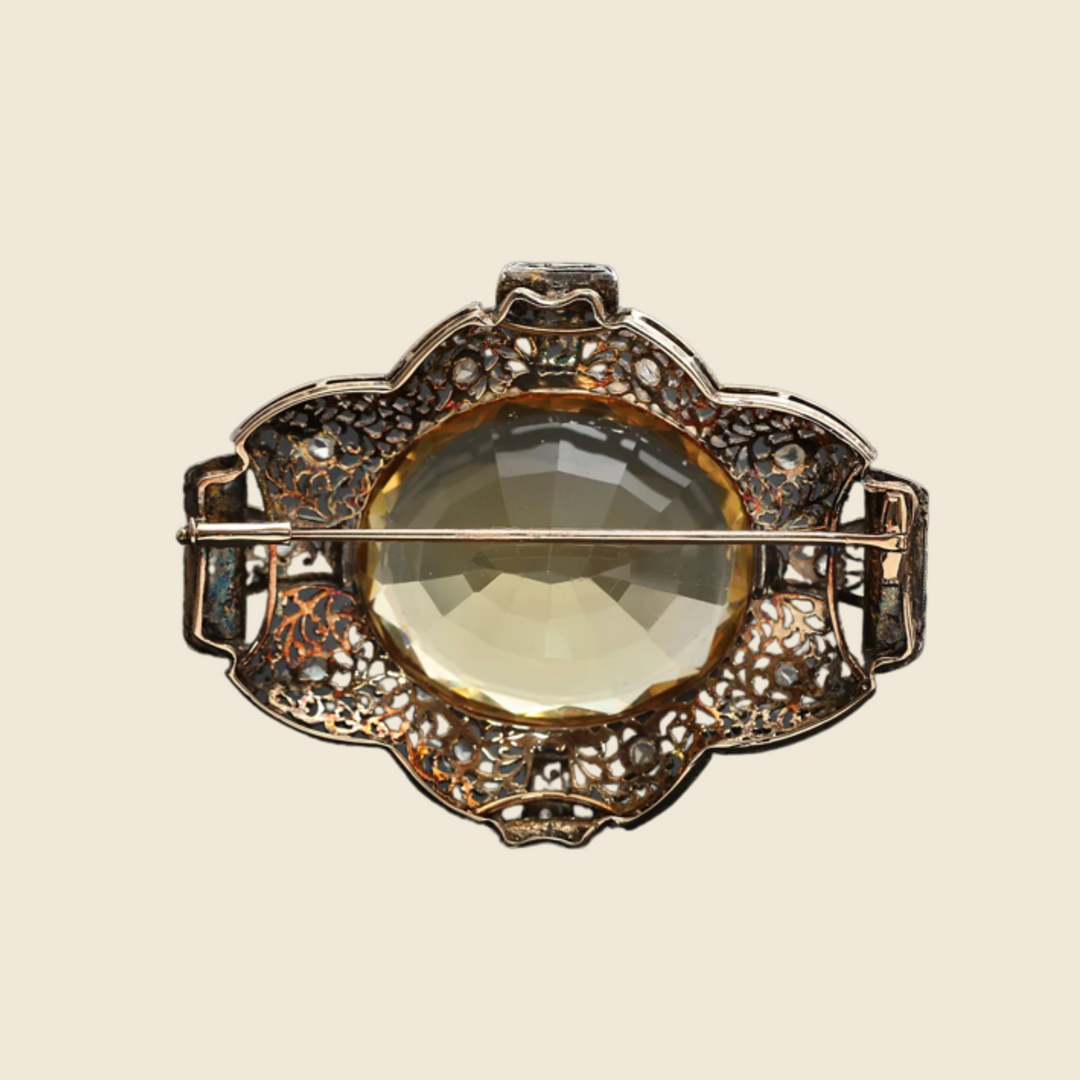 Broche vintage or gris, argent et citrine "Flamboyance"