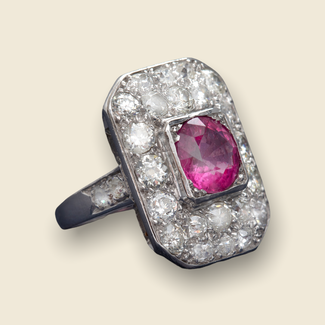 Bague ancienne rectangle platine tourmaline diamants