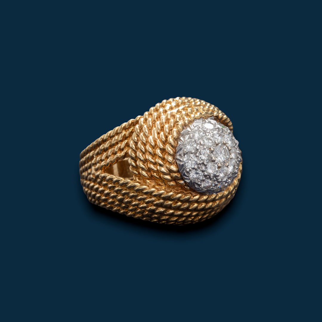 bague or jaune boule gros diamants tresse