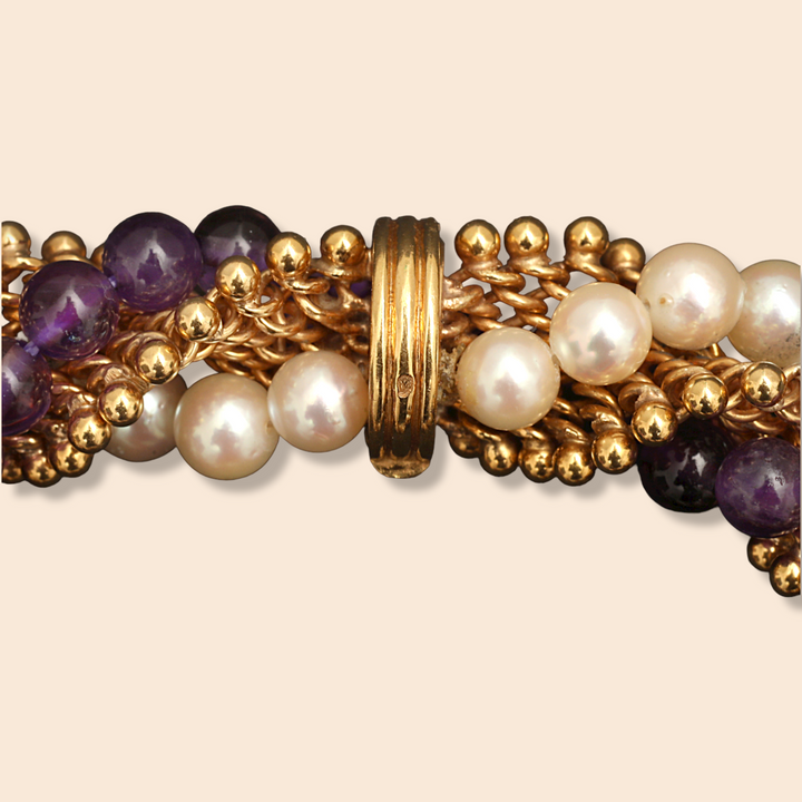 Bracelet vintage Van Cleef & Arpels or, améthyste et perles "Twist amethyste"