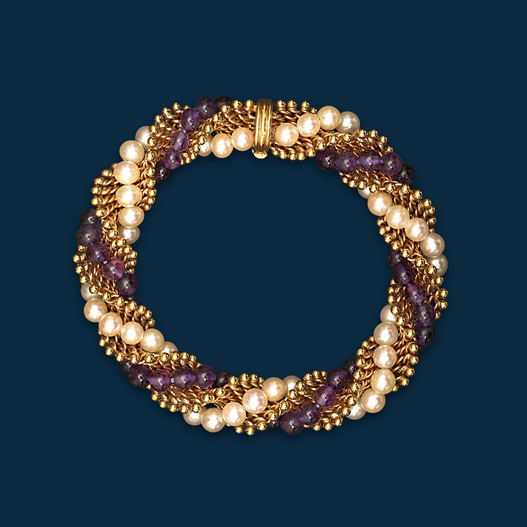 Bracelet vintage Van Cleef & Arpels or, améthyste et perles "Twist amethyste"