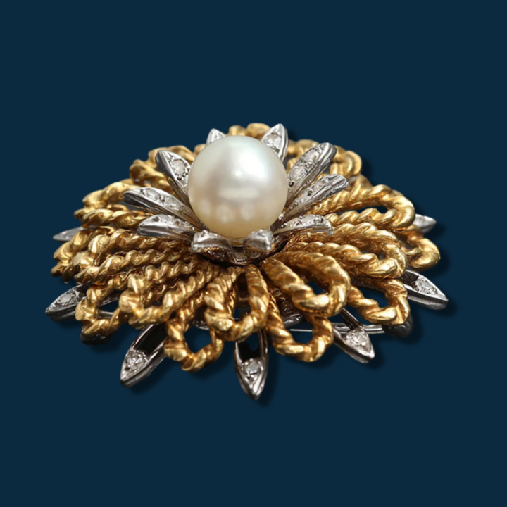 Broche vintage or jaune et gris, diamants et perle "Pétales Subtiles"