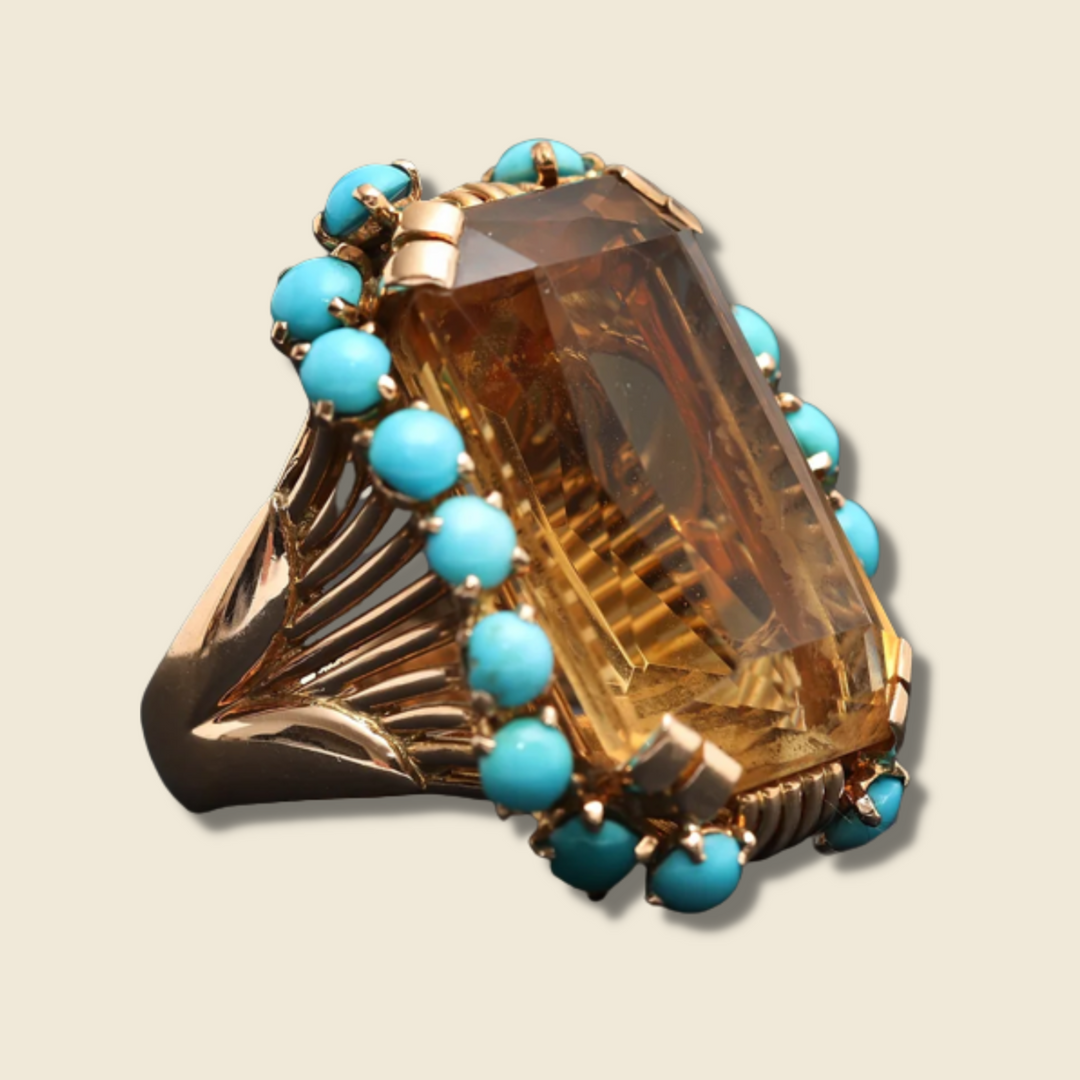 Bague vintage années 40 or jaune, citrine et turquoises "Brûlante Passion"