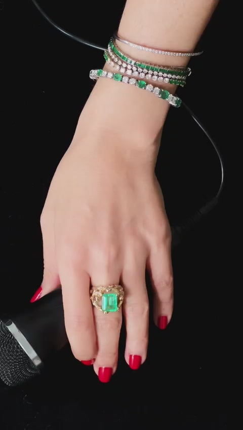 Bracelet rivière vintage or gris, émeraudes et diamants Emerald Riot Savje Paris