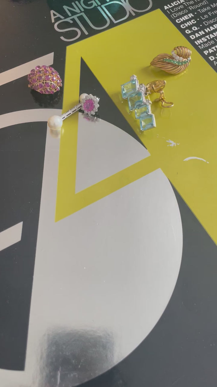 Boucles d'oreilles vintage or gris, perles Akoya et diamants Glitter Pearl Savaje Paris BO